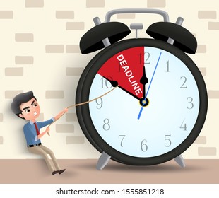 Business deadline vector character concept. Man business character pulling alarm clock arrow before deadline using rope in brown wall background. Vector illustration.