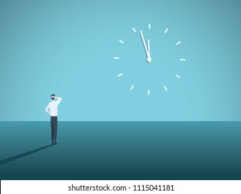 Business deadline vector concept with businessman staring at a clock on the wall. Symbol of stress at work, management pressure, burnout. Eps10 vector illustration.