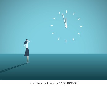 Business deadline vector concept with businesswoman staring at a clock on the wall. Symbol of stress at work, management pressure, burnout. Eps10 vector illustration.