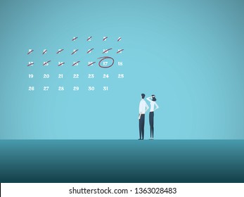 Business deadline vector concept with man and woman looking at calender. Symbol of project management, milestones, planning, goals and stress. Eps10 vector illustration.