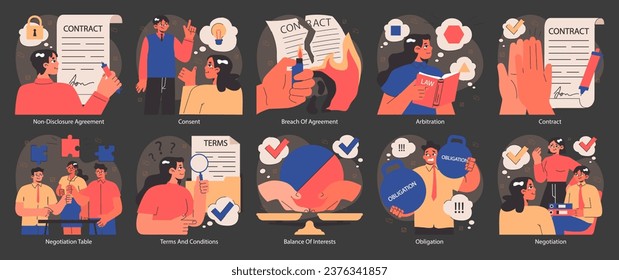 Business deal or agreement dark or night mode set. Signing a contract or successful negotiation. Business partners interests and obligations. Paper terms and conditions. Flat vector illustration