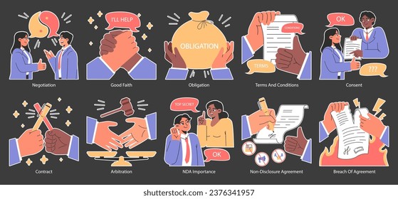 Business deal or agreement dark or night mode set. Signing a contract or successful negotiation. Business partners interests and obligations. Paper terms and conditions. Flat vector illustration