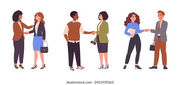 Business deal or agreement handshake. Office workers shaking hands, male and female characters handshake surrounded by applauding team flat vector illustration. Business partners handshake