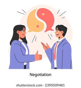 Business deal or agreement. Negotiation. Opinions, interests and points of view meeting. Making a compromise in a difficult argument. Disagreement resolution. Flat vector illustration
