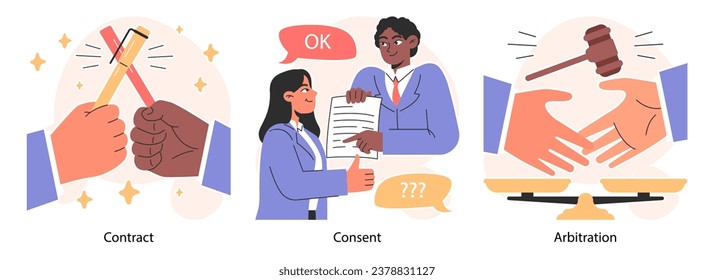 Business deal or agreement set. Signing a contract or successful negotiation. Business partners interests and obligations. Paper terms and conditions. Flat vector illustration