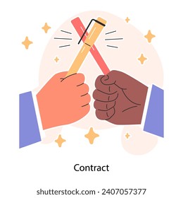 Business deal or agreement. Signing a contract or successful negotiation. Business partners interests and obligations. Paper terms and conditions. Flat vector illustration