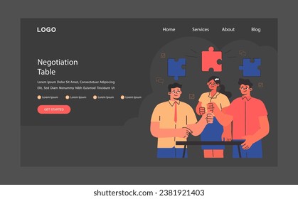 Business deal or agreement web banner or landing page dark or night mode. Signing a contract on negotiation. Business partners interests and obligations discussion. Flat vector illustration
