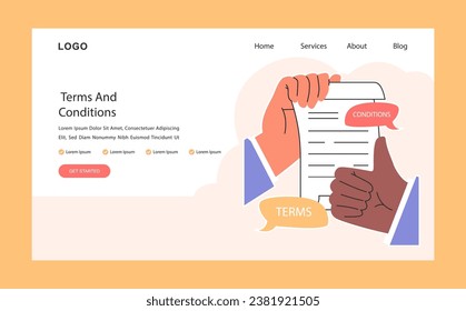 Business deal or agreement web banner or landing page. Signing a contract or successful negotiation. Business partners interests and obligations. Paper terms and conditions. Flat vector illustration