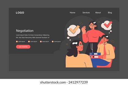 Business deal or agreement web banner or landing page dark or night mode. Negotiation. Opinions or interests meeting. Making a compromise, disagreement resolution. Flat vector illustration