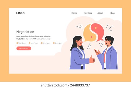 Business deal or agreement web banner or landing page. Negotiation. Opinions, interests and points of view meeting. Making a compromise, disagreement resolution. Flat vector illustration