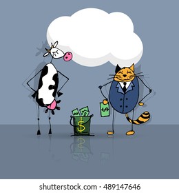 Business deal cat and cow, vector sketch illustration