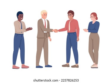 Business deal celebration semi flat color vector characters. Editable figures. Full body people on white. Teamwork simple cartoon style illustration for web graphic design and animation