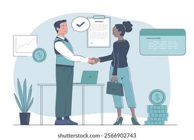 Business deal concept. Man and woman shake hands against background of document. Collaboration and cooperation. Investor and entrepreneur. Agreement and contract. Linear vector illustration