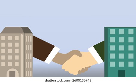 Business deal concept, People shaking hands through corporate buildings vector illustration design background