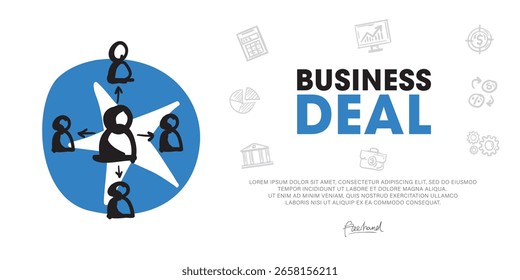 Geschäftsabschluss, Entwicklung eines modernen Web-Banner-Konzepts mit handgezeichneten Doodle-Symbol Grafiken.