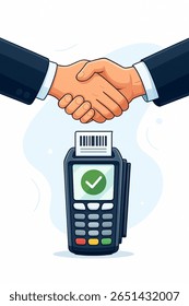 Business deal featuring a handshake and POS terminal indicating successful payment, symbolizing partnership and financial transaction.