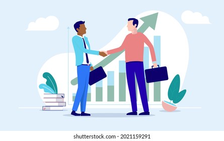 Business deal and growth - Two people shaking hands in front of growing business graph. Agreement and deal concept, vector illustration