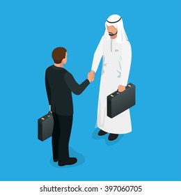 Business deal handshake with Arabic and European ethnic mans. Flat 3d vector isometric illustration.