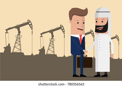 Business deal handshake with Arabic and European businessman. Oil black gold concept. Vector illustration