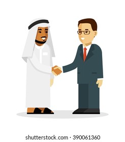 Business deal handshake concept with saudi arab and european businessman characters in flat style isolated on white background. Arabic and european ethnic man smiling and shake hands