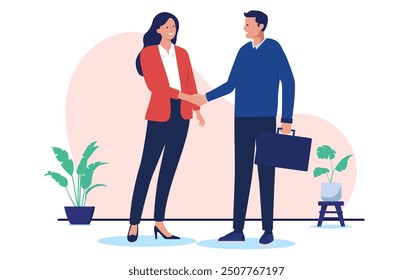 Apretón de manos de acuerdo de negocios: dos empresarios, hombre y mujer, estrechando las manos amigables, sonriendo y viniendo a un Acuerdo juntos en el trabajo. Ilustración vectorial de diseño plano con fondo blanco