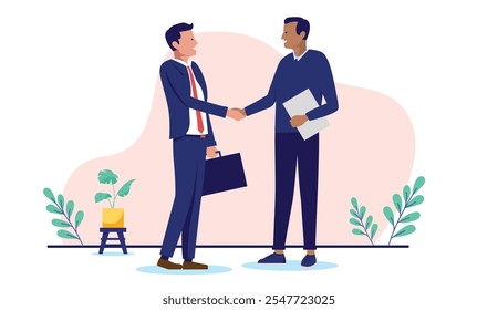 Business deal handshake - Two diverse businesspeople men, negotiating, shaking hands and being friendly over agreement and cooperation in office work setting. Flat design stock illustration