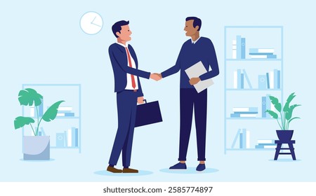 Business deal handshake - Two diverse businesspeople men, negotiating, shaking hands and being friendly over agreement and cooperation indoors in office. Flat design stock illustration