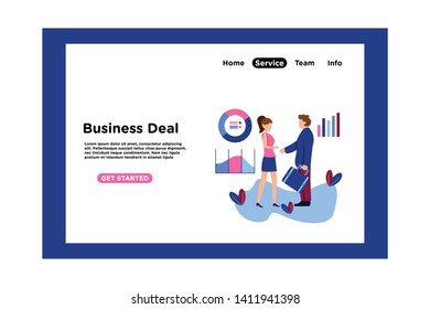 business deal handshaking vector flat illustration concept, big deal illustration, business illustration with handshaking people, info graphic, diagram, can use for landing page, website, background.