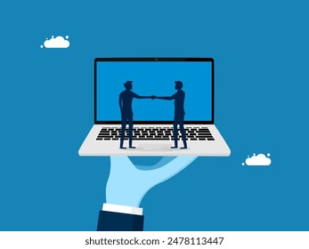 Business deal online. Businessman hand holding laptop 