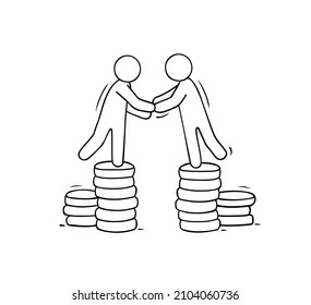 Business deal, partnership concept with people handshake. Finance agreement, success contract or investment. Vector doodle illustration with men shake hands standing on stacks of money