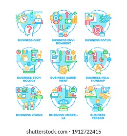 Business Deal Set Icons Vector Color Illustrations. Business Quiz And Focus, Young Person Businessman And Technology, Agreement And Relationship, Environment And Umbrella Color Illustrations