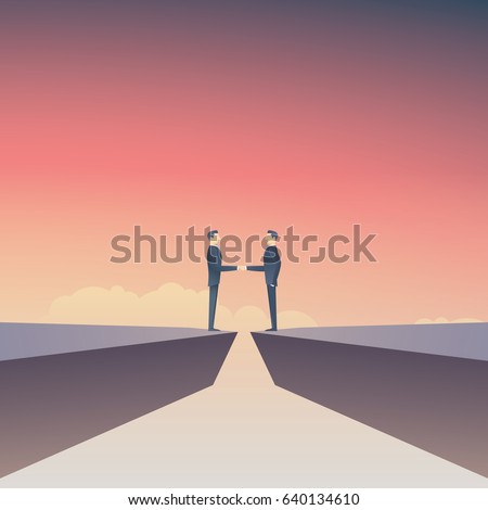 Business deal vector concept with two businessman doing handshake over gap. Business negotiation symbol. Eps10 vector illustration.