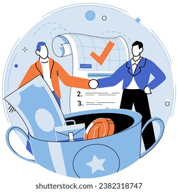 Business deal. Vector illustration. Investments are made to fund business activities and promote growth Management is responsible for leading and coordinating business operations Vector illustrations