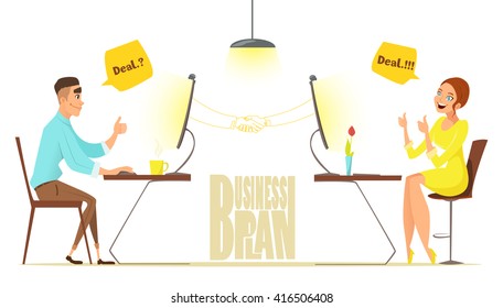 Business deal. Videocall , Call deal. Business plan. Business handshake. Cute characters