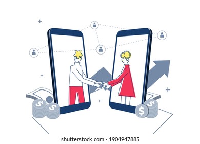 Business deal. Young Business man and woman handshake. Vector illustration for graphic design or business content