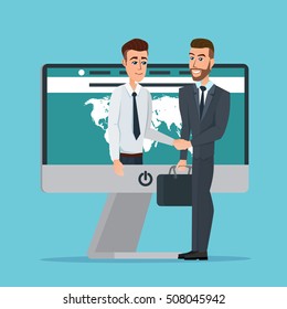 Business dealing. Handshake business through the screen. Businessmen negotiation. Telecommunication. Business cartoon concept. Vector creative color illustrations flat design in flat modern style.