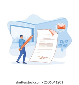 Business deals. Businessman signing business documents. Contract agreement concept. Flat vector illustration.