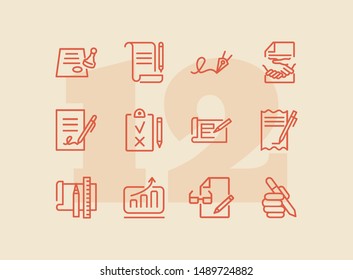 Business deals line icon set. Set of line icons on white background. Working concept. Document, office supplies, pen, bill. Vector illustration can be used for topics like job, office