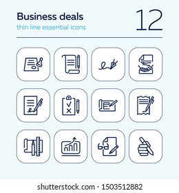 Business deals line icon set. Set of line icons on white background. Working concept. Document, office supplies, pen, bill. Vector illustration can be used for topics like job, office