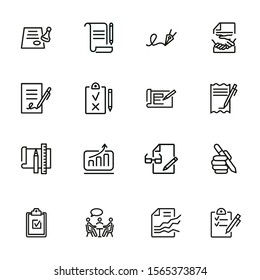 Business deals line icon set. Set of line icons on white background. Working concept. Document, office supplies, pen, bill. Vector illustration can be used for topics like job, office