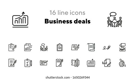 Business deals line icon set. Set of line icons on white background. Working concept. Document, office supplies, pen, bill. Vector illustration can be used for topics like job, office