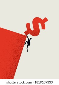 Business debt or bankruptcy vector concept. Man falling off a cliff. Symbol of market crash, recession, financial crisis, failure to pay loans, mortgage. Eps10 illustration.