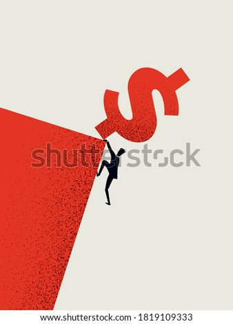 Business debt or bankruptcy vector concept. Man falling off a cliff. Symbol of market crash, recession, financial crisis, failure to pay loans, mortgage. Eps10 illustration.