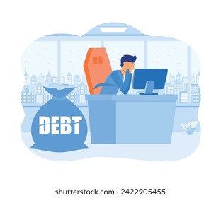  Business debt. Businessman carrying a big bag on his back having financial problems. Bad finance. flat vector modern illustration 