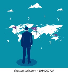 Business decision. Businessman looking on the world map. Business metaphor, vector illustration