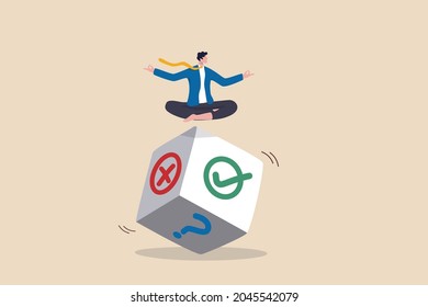 Business decision, chance and uncertainty to win business, risk, randomness or luck, advice or suggestion concept, businessman meditate on rolling dice think of result of right, wrong or question mark