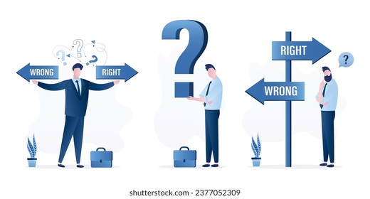 Decisión comercial o la elección de la forma más adecuada y rentable. Los empresarios están parados con varios signos y eligen la dirección correcta. Conjunto de hombres de negocios con signos de interrogación. Caracteres masculinos planos, vector