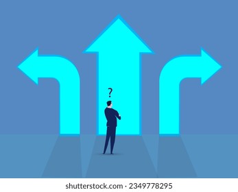 Business decision concept of confused businessman with question mark standing in front of arrow intersection making right choice. career path and strategy.vecor illustration.