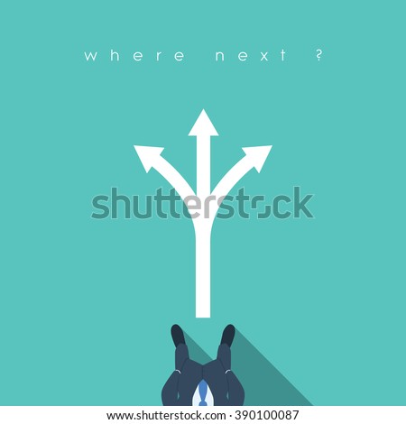 Business decision concept illustration with businessman standing in front of arrows. Career path choice or strategy. Eps10 vector illustration.