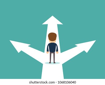 Business decision concept vector illustration. Businessman standing on the crossroads with three arrows and directions. Stock flat vector illustration.